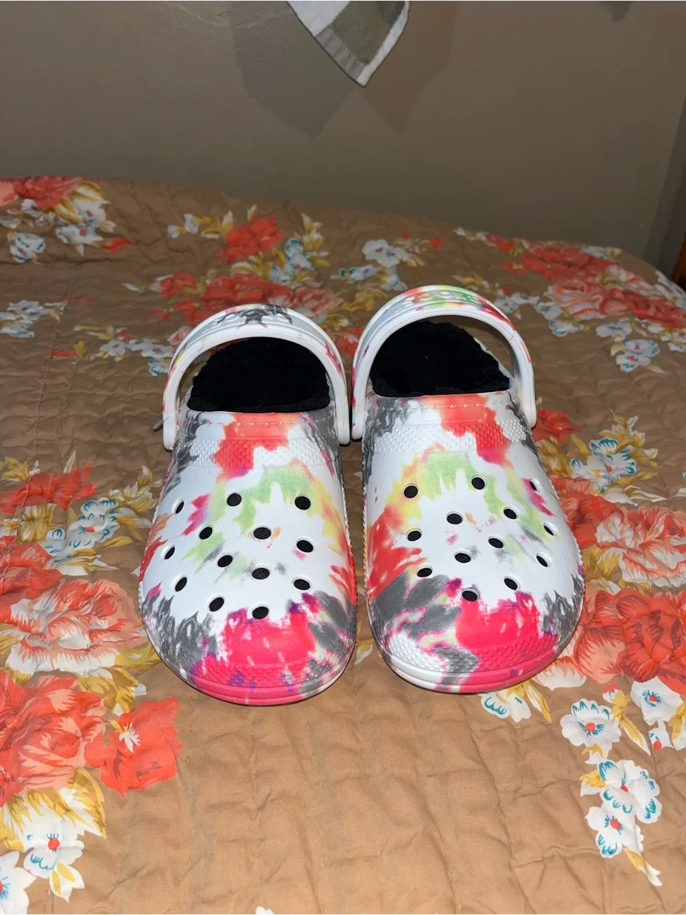 CROCS Kids Tie-Dye Clogs in White with Pink, Green & Gray